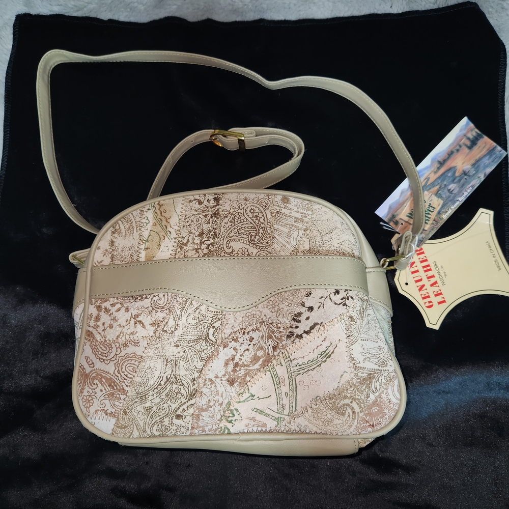 NEW Genuine Leather Patchwork Crossbody Bag - Cream and Brown - Picture 3 of 9